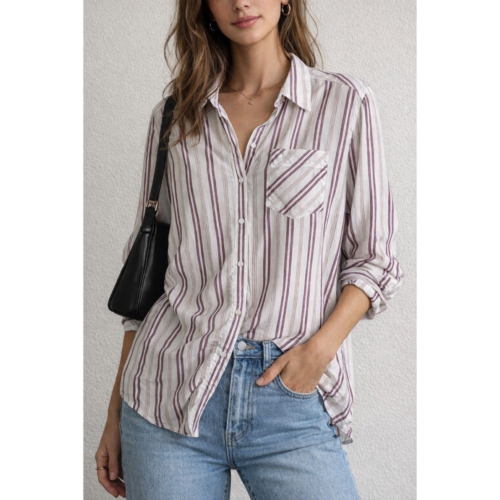 NWT Express‎ Boyfriend Shirt Womens Large White Burgundy Striped Long Sleeve
